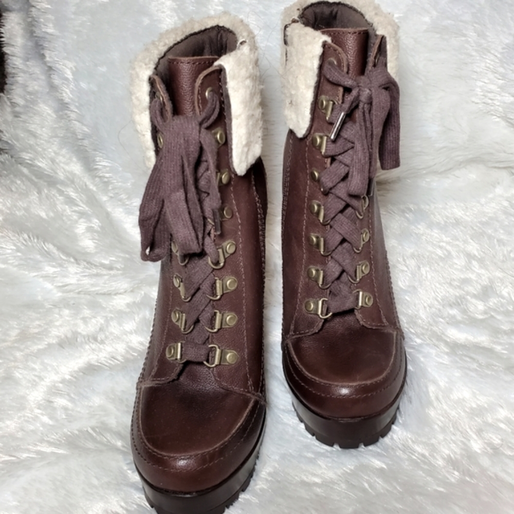 Chic BP Platform High-Heeled Boots Size 8 - Dark Brown with Cozy Sherpa Trim - Picture 3 of 7